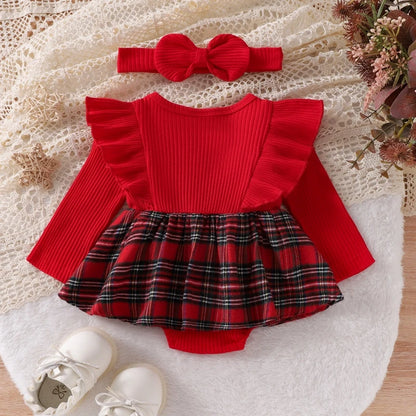 0-18 Months Baby Girls Christmas Romper Spring Autumn Clothes Long Sleeve Plaid Print Romper Dress with Headband Outfits