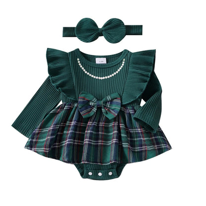 0-18 Months Baby Girls Christmas Romper Spring Autumn Clothes Long Sleeve Plaid Print Romper Dress with Headband Outfits