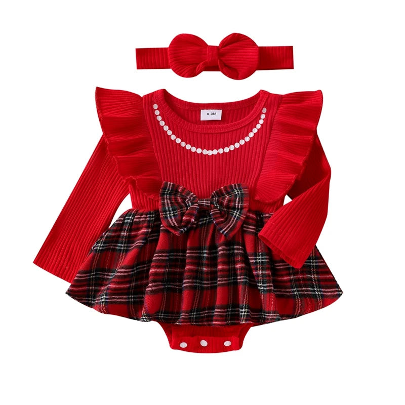 0-18 Months Baby Girls Christmas Romper Spring Autumn Clothes Long Sleeve Plaid Print Romper Dress with Headband Outfits