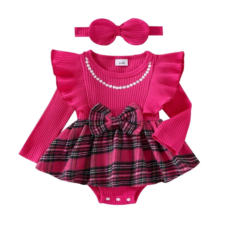 0-18 Months Baby Girls Christmas Romper Spring Autumn Clothes Long Sleeve Plaid Print Romper Dress with Headband Outfits