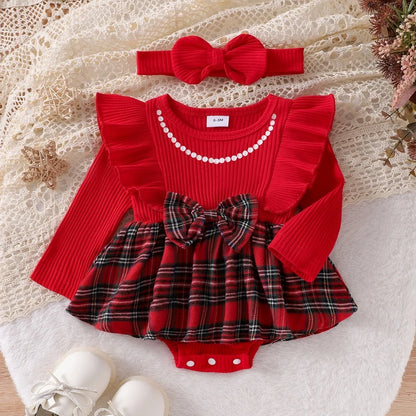 0-18 Months Baby Girls Christmas Romper Spring Autumn Clothes Long Sleeve Plaid Print Romper Dress with Headband Outfits