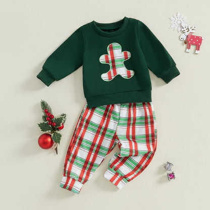 0-3Years Baby Boy Kids Christmas Outfits Gingerbread Man Plaid Pattern Long Sleeve Sweatshirt Elastic Pants 2Piece Infants Sets