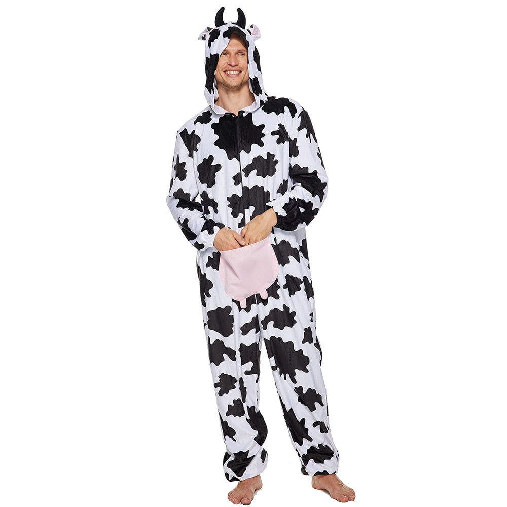 Adult Cows Pajamas Women Onesies Hooded Men Full Body Sleepwear Animal Kigurumi Cosplay Carnival Christmas Costume