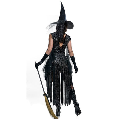 Halloween Ladies Sequins Queen Shining Witch Devil Costume Adult Women Book Day Wicked Sorceress Dresses