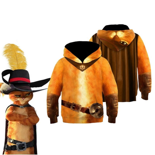 Kids Puss in Boots Cosplay Costume For Children Adult Outfit Hoodie 3D Printed Sweatshirt Halloween Carnival Costumes Suit