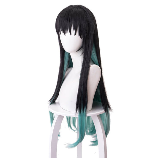 Anime Demon Slayer Tokitou Muichirou Black gradient mixed with blue-green Long Cosplay Wig