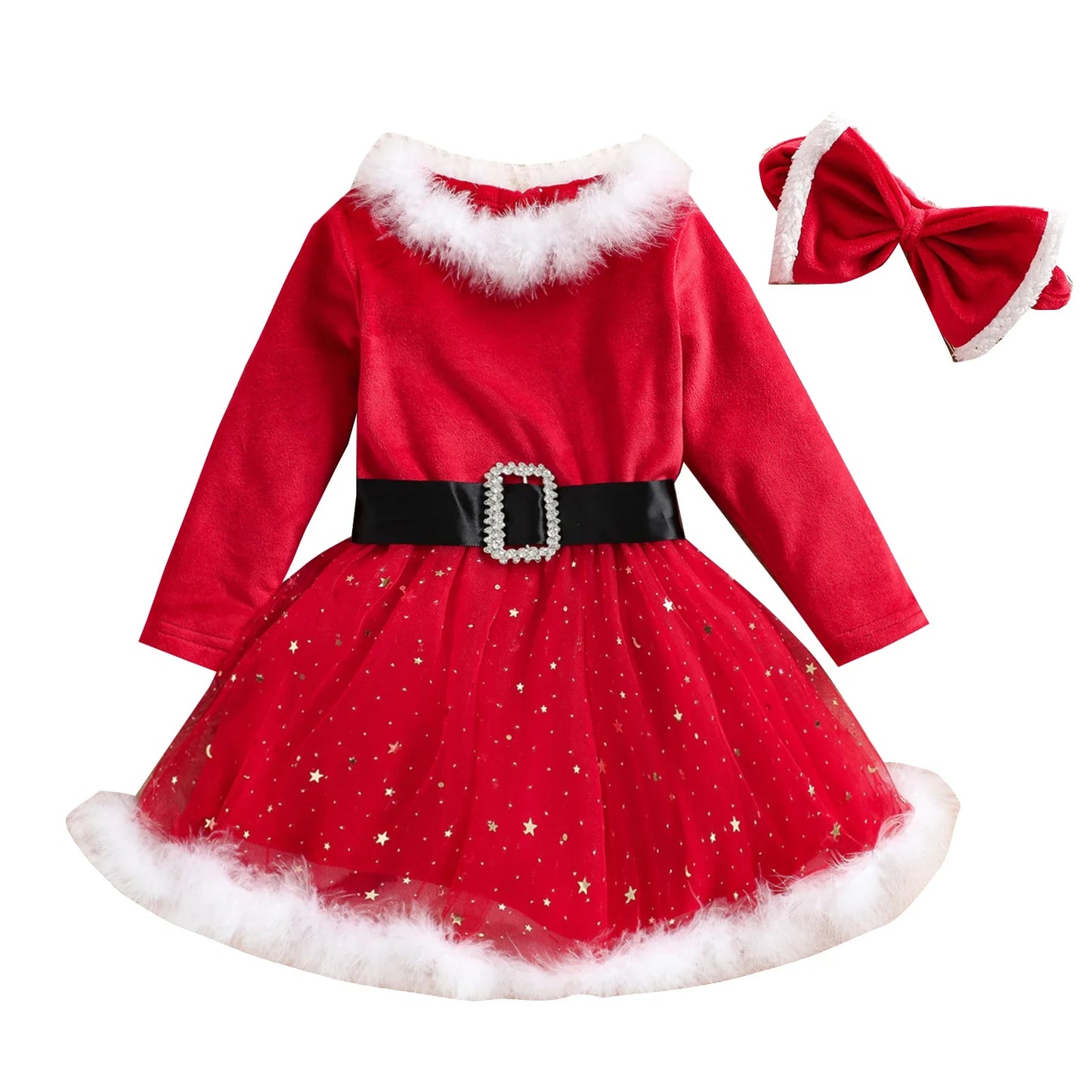 1-5Y Kids Girls Christmas Dress with Headband Baby Long Sleeve Red Velvet Fur Tutu Dress Party Princess Dresses Children Clothes