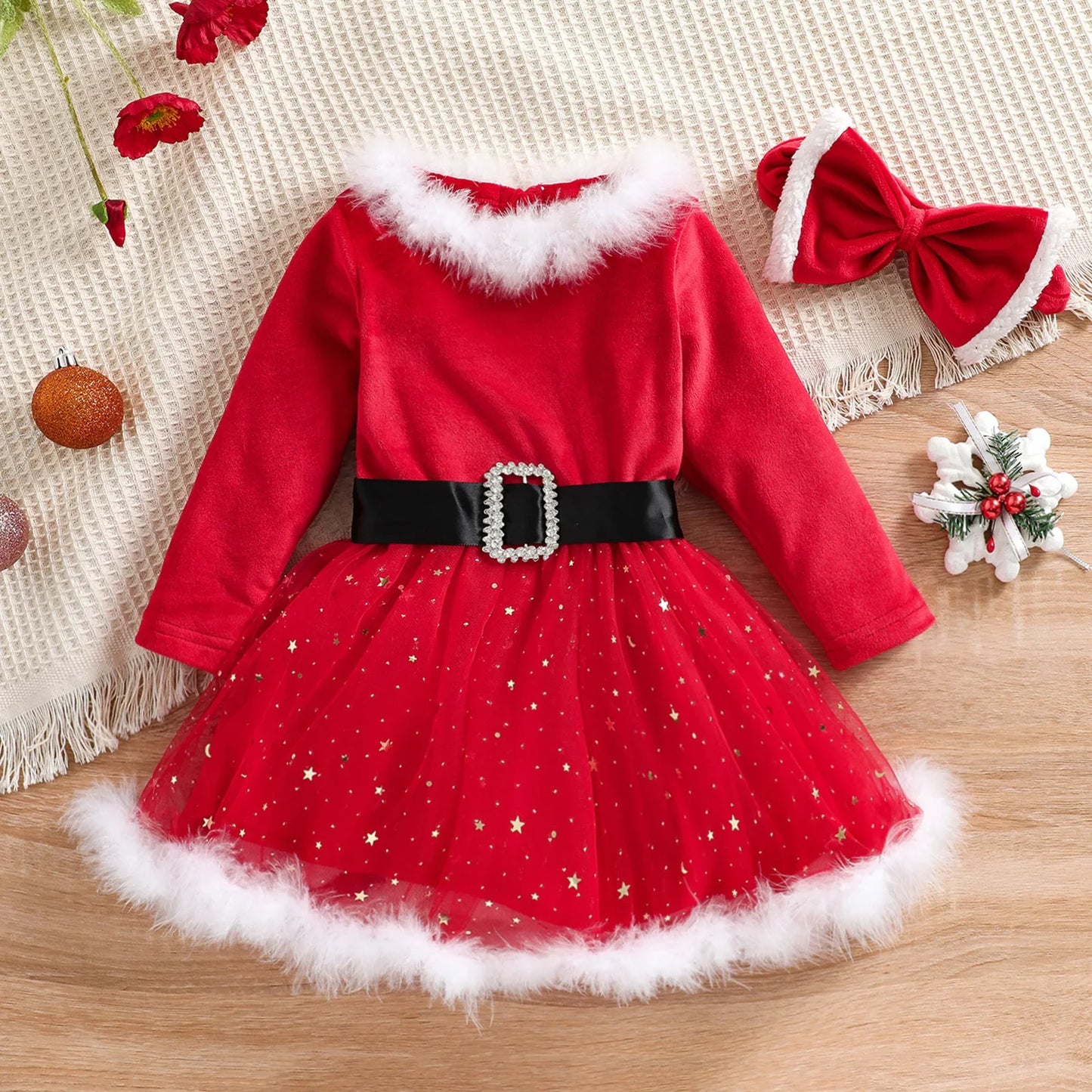 1-5Y Kids Girls Christmas Dress with Headband Baby Long Sleeve Red Velvet Fur Tutu Dress Party Princess Dresses Children Clothes