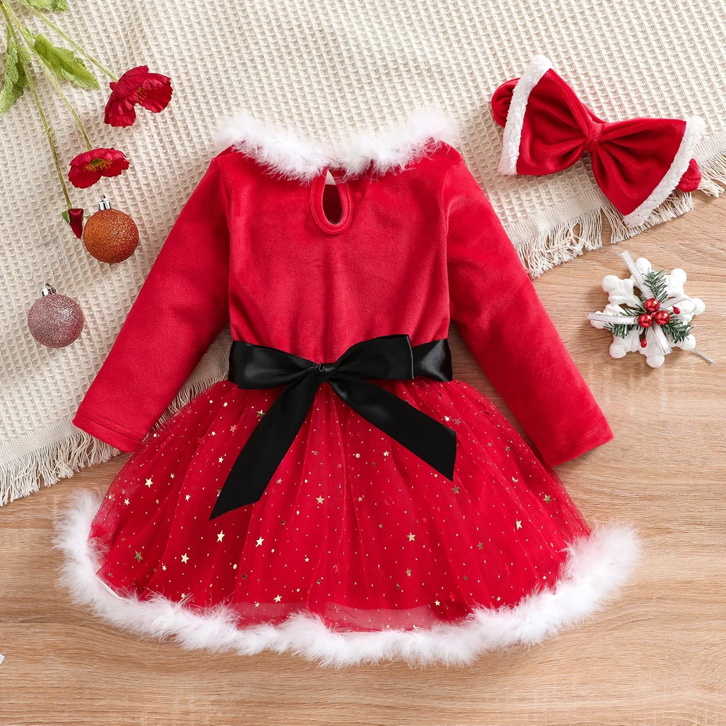 1-5Y Kids Girls Christmas Dress with Headband Baby Long Sleeve Red Velvet Fur Tutu Dress Party Princess Dresses Children Clothes