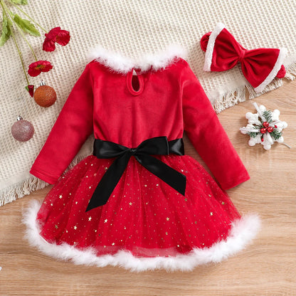 1-5Y Kids Girls Christmas Dress with Headband Baby Long Sleeve Red Velvet Fur Tutu Dress Party Princess Dresses Children Clothes