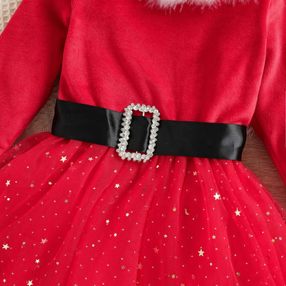 1-5Y Kids Girls Christmas Dress with Headband Baby Long Sleeve Red Velvet Fur Tutu Dress Party Princess Dresses Children Clothes