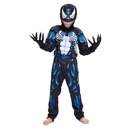 110-140cm Kids Boy Superhero Cosplay Costumes Venom Movie Cos Muscle Jumpsuit with Mask for Children Gifts Halloween Wear