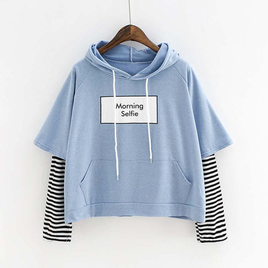 Fake Two-piece Tee Stripe Letter Print Morning Selfie Hoodie