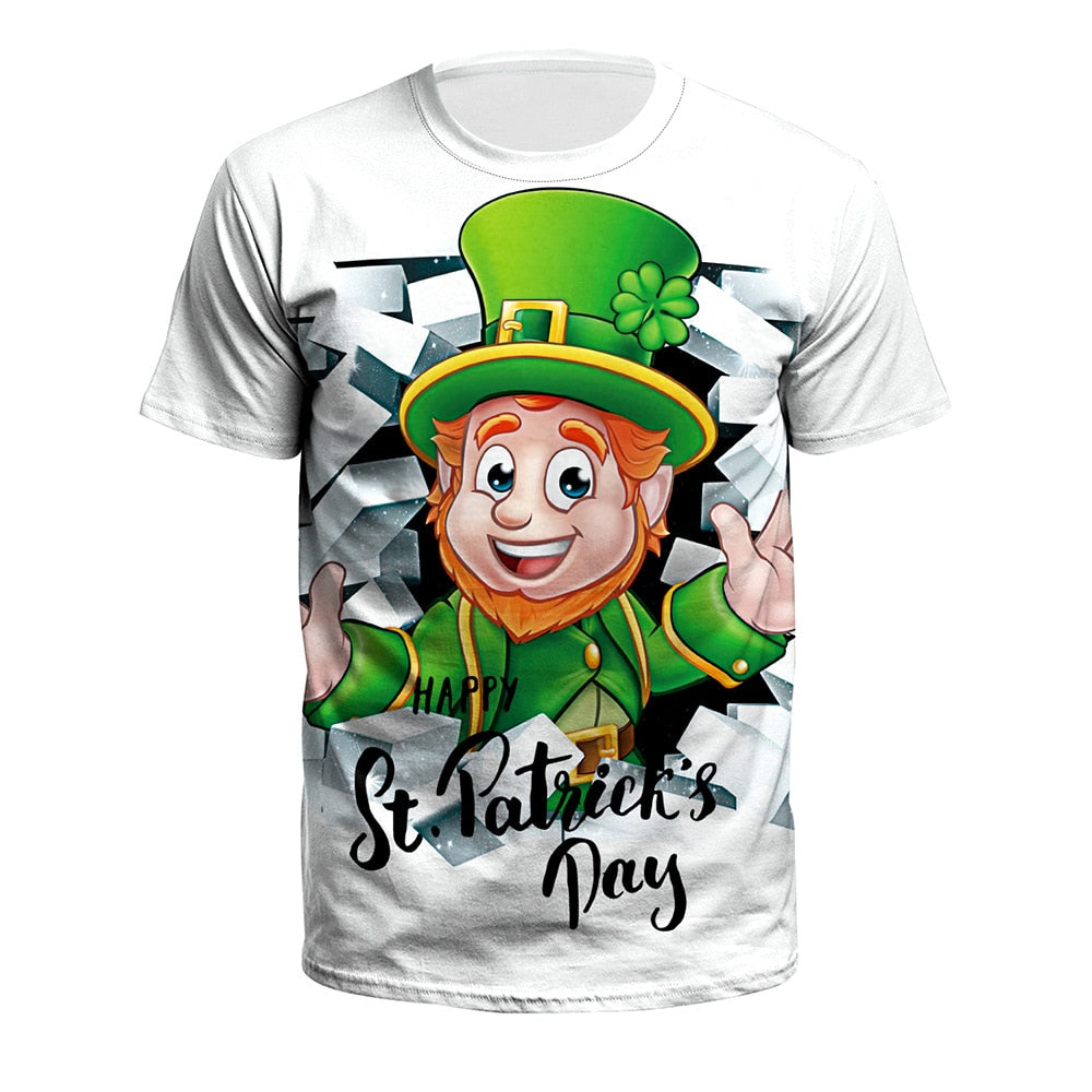 Irish St Patrick Day T-shirt Green Clover Animal Cat Adults Cotton Casual O-neck Tops