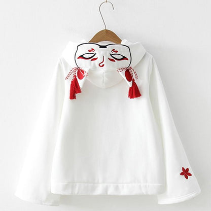 Fox Ghost Face Embroidery Tassels Hoodie