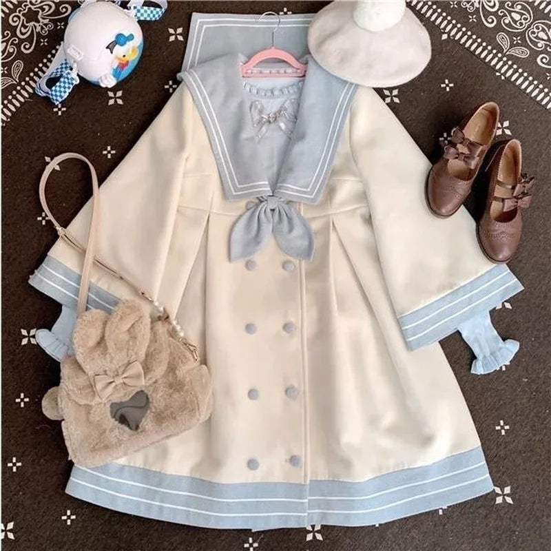 Japanese Girl Sweet Style Patchwork Woolen Coat Cute Woolen Jacket Winter Female Cashmere