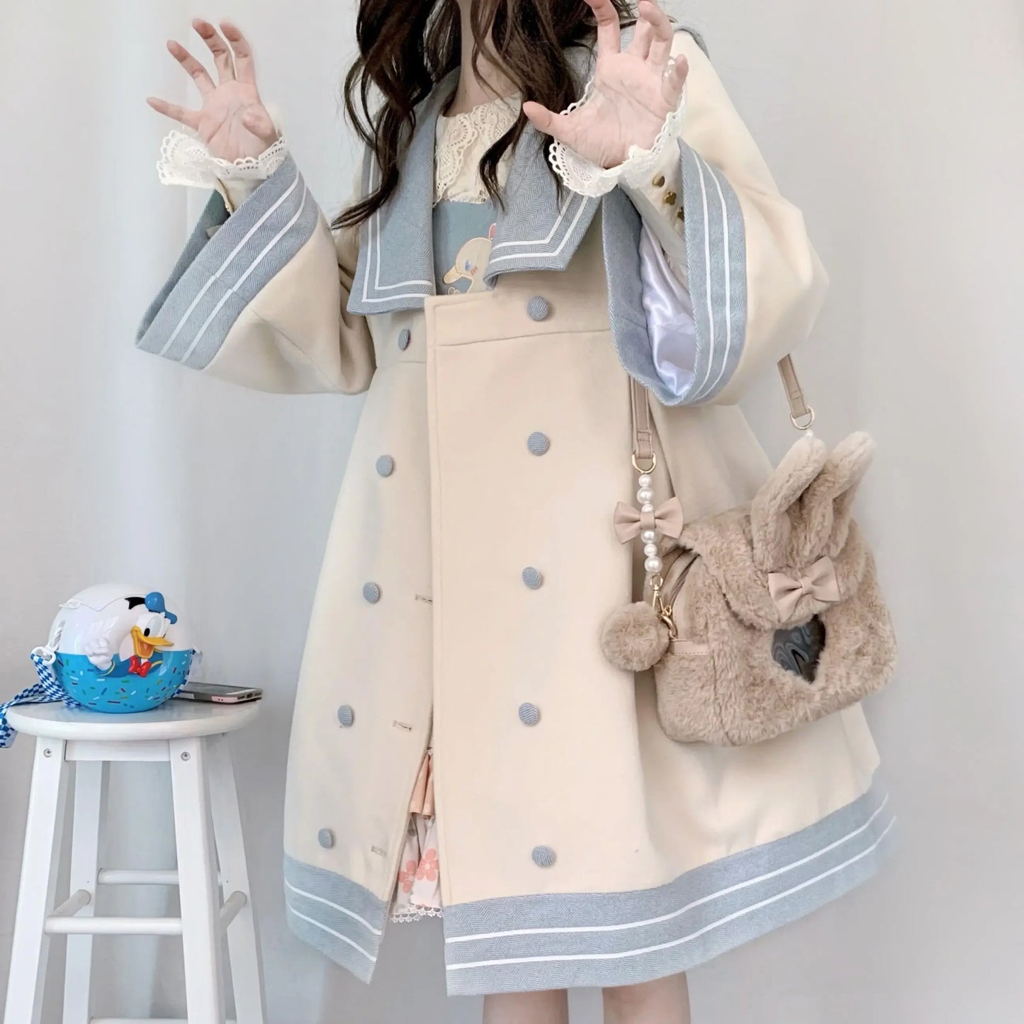 Japanese Girl Sweet Style Patchwork Woolen Coat Cute Woolen Jacket Winter Female Cashmere