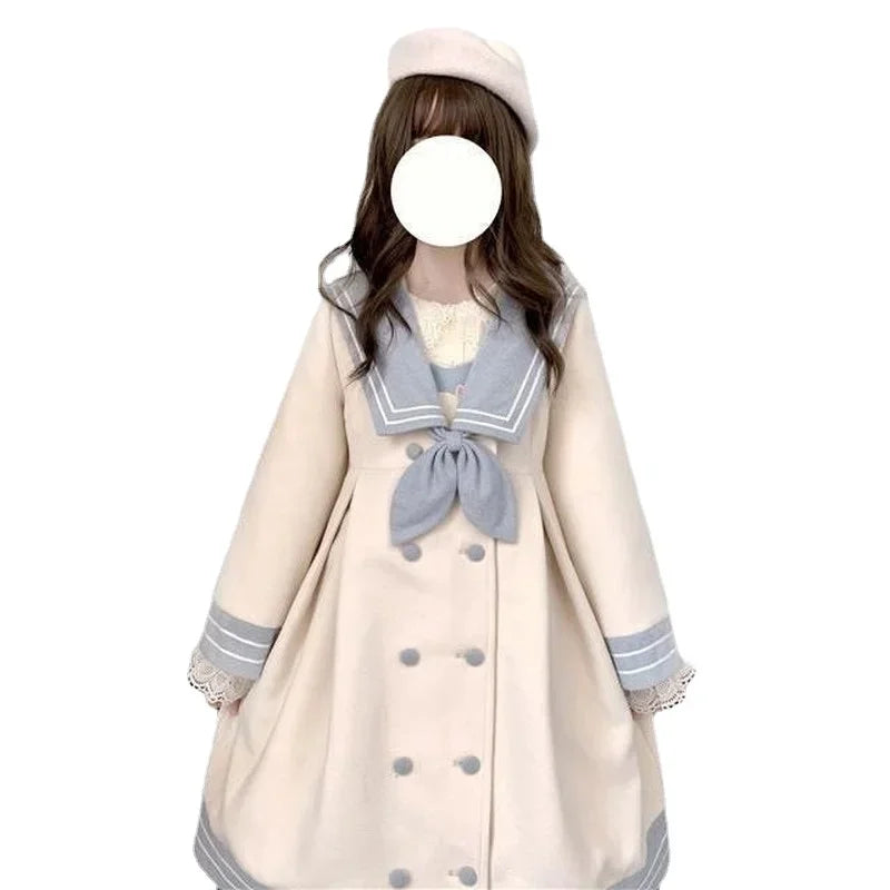 Japanese Girl Sweet Style Patchwork Woolen Coat Cute Woolen Jacket Winter Female Cashmere