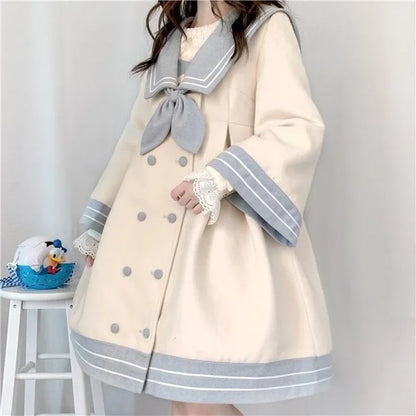 Japanese Girl Sweet Style Patchwork Woolen Coat Cute Woolen Jacket Winter Female Cashmere