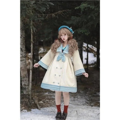 Japanese Girl Sweet Style Patchwork Woolen Coat Cute Woolen Jacket Winter Female Cashmere