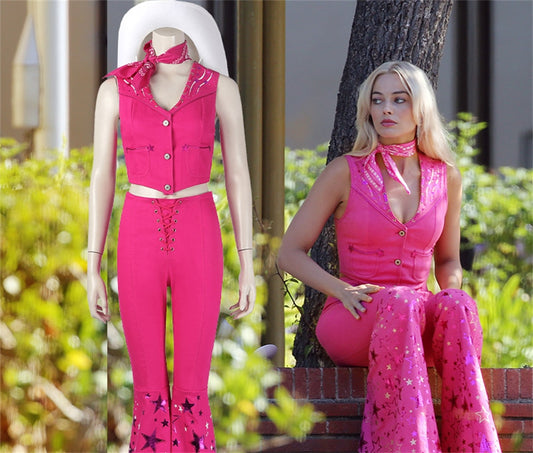 Movie Margot Robbie Cosplay Costume Margot Sexy Starry Pink Vest Top Pants Scarf Suit for Women Ladies Halloween Party Suit