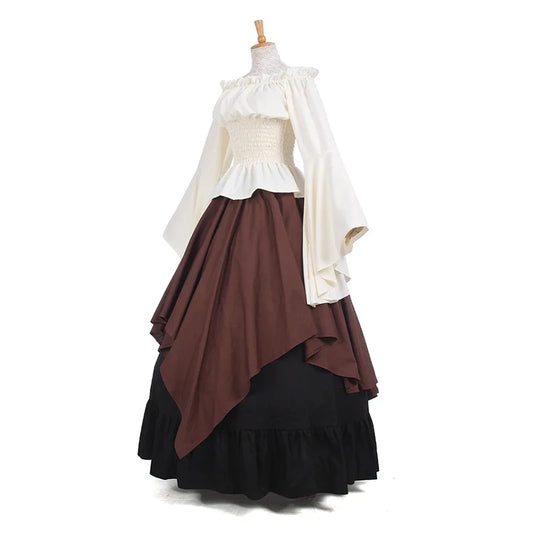 New Cosplay Women Medieval Renaissance Dress Costume Off Shoulder Crop Top Skirt Asymmetric Set