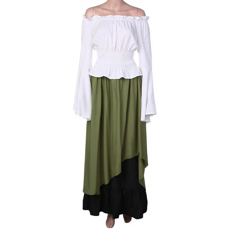 New Cosplay Women Medieval Renaissance Dress Costume Off Shoulder Crop Top Skirt Asymmetric Set