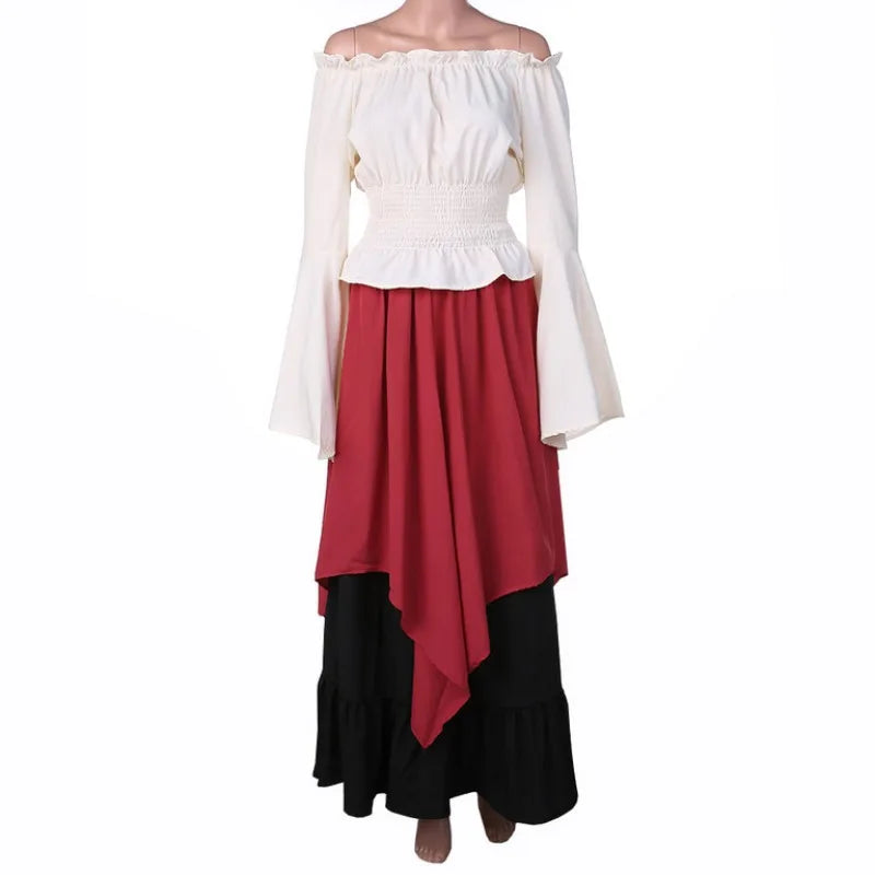 New Cosplay Women Medieval Renaissance Dress Costume Off Shoulder Crop Top Skirt Asymmetric Set