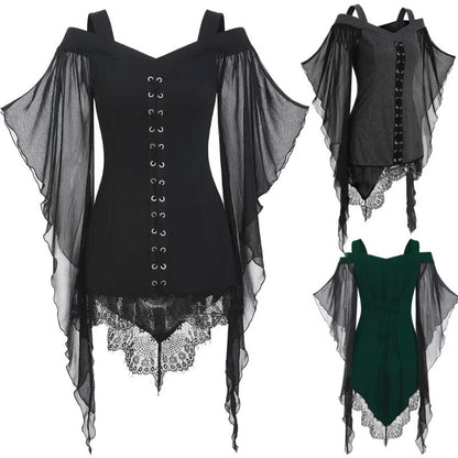 Gothic Large Swing Sleeves Irregular Spliced Top Chiffon Shirt for Hallowmas Holiday Party Medieval Costume