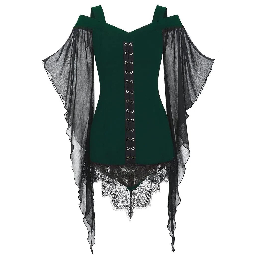 Gothic Large Swing Sleeves Irregular Spliced Top Chiffon Shirt for Hallowmas Holiday Party Medieval Costume