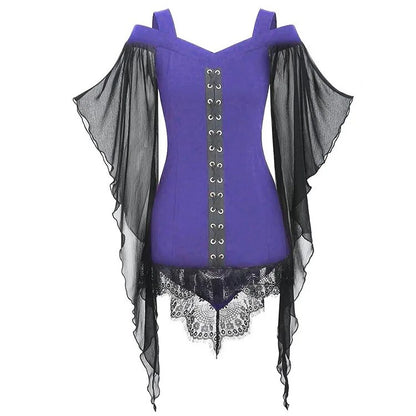 Gothic Large Swing Sleeves Irregular Spliced Top Chiffon Shirt for Hallowmas Holiday Party Medieval Costume