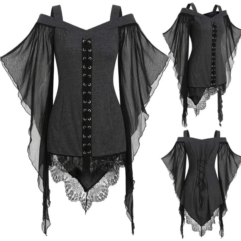 Gothic Large Swing Sleeves Irregular Spliced Top Chiffon Shirt for Hallowmas Holiday Party Medieval Costume