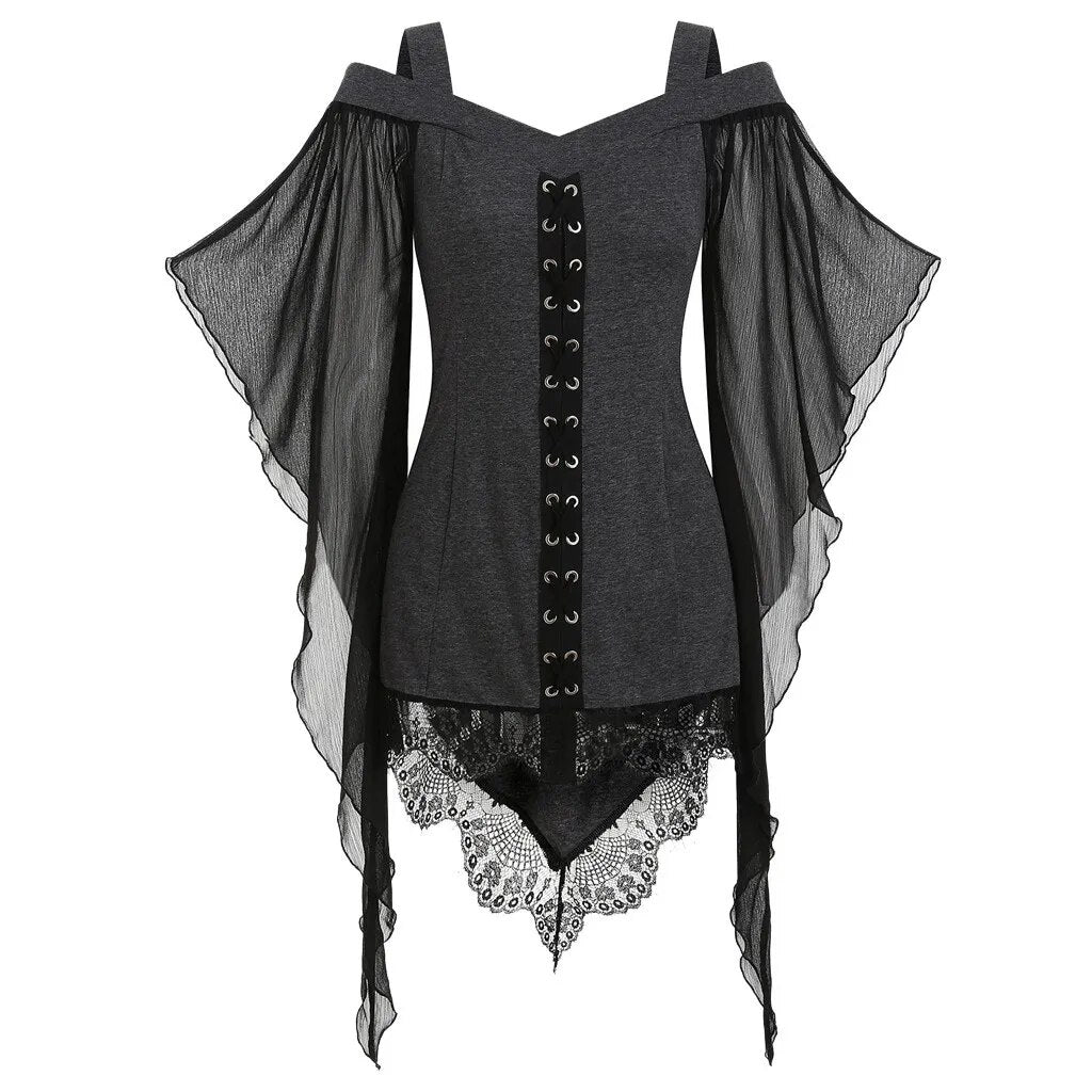 Gothic Large Swing Sleeves Irregular Spliced Top Chiffon Shirt for Hallowmas Holiday Party Medieval Costume