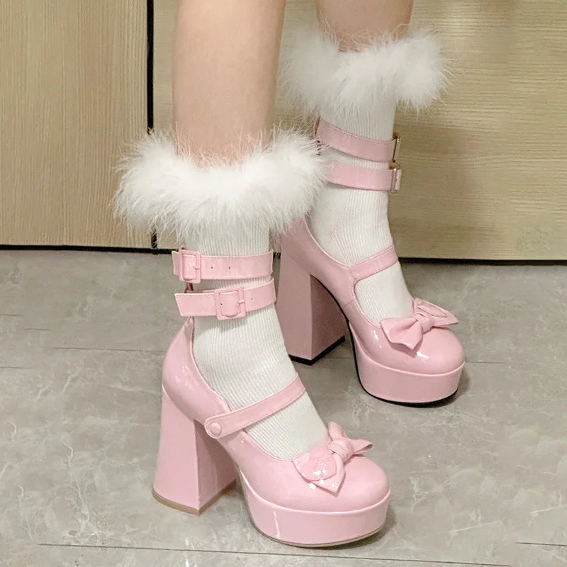 New High Heels Sweet Pink Bow Pumps Shoes Women Platform Sandals Lolita Girls Cosplay Uniform Shoes Black White Plus Size