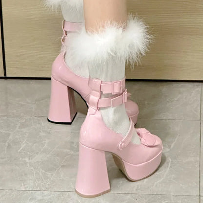 New High Heels Sweet Pink Bow Pumps Shoes Women Platform Sandals Lolita Girls Cosplay Uniform Shoes Black White Plus Size