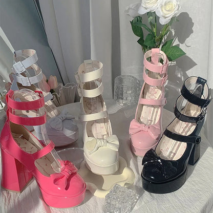 New High Heels Sweet Pink Bow Pumps Shoes Women Platform Sandals Lolita Girls Cosplay Uniform Shoes Black White Plus Size