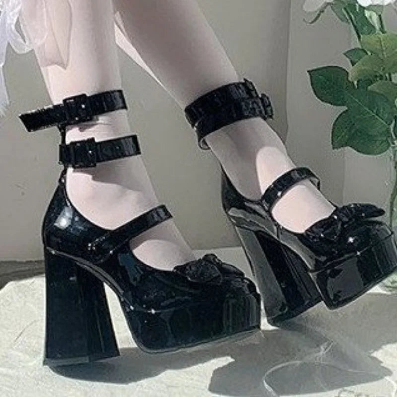 New High Heels Sweet Pink Bow Pumps Shoes Women Platform Sandals Lolita Girls Cosplay Uniform Shoes Black White Plus Size