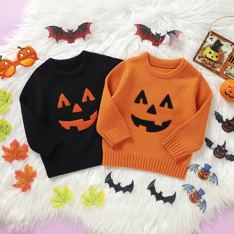 Lioraitiin Toddler Boys Girls Halloween Sweaters Witch Pumpkin Long Sleeve Round Neck Ribbed Knitted Pullover