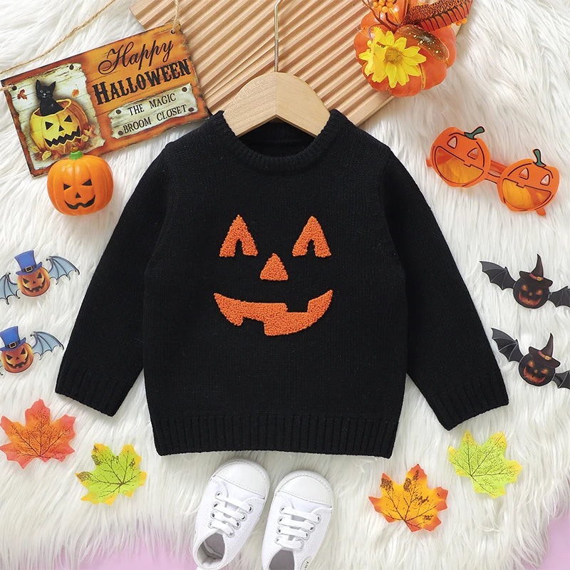 Lioraitiin Toddler Boys Girls Halloween Sweaters Witch Pumpkin Long Sleeve Round Neck Ribbed Knitted Pullover