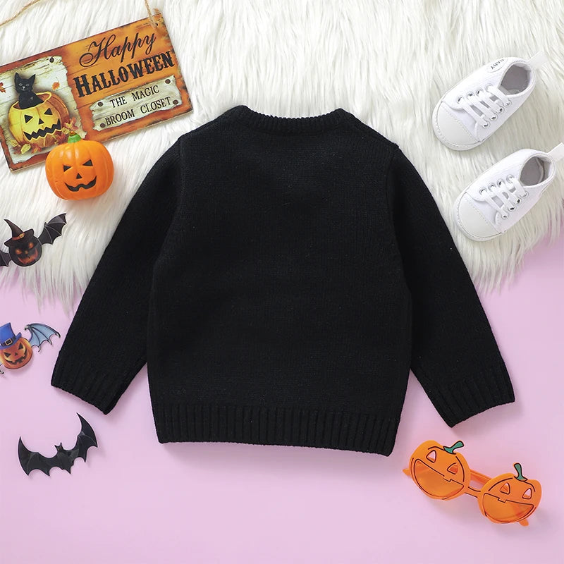 Lioraitiin Toddler Boys Girls Halloween Sweaters Witch Pumpkin Long Sleeve Round Neck Ribbed Knitted Pullover