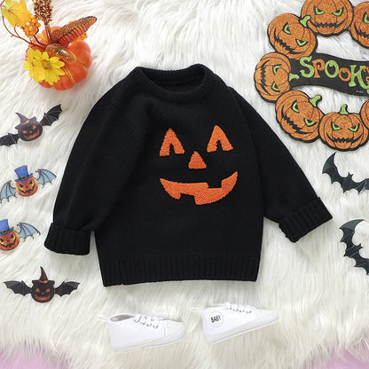 Lioraitiin Toddler Boys Girls Halloween Sweaters Witch Pumpkin Long Sleeve Round Neck Ribbed Knitted Pullover