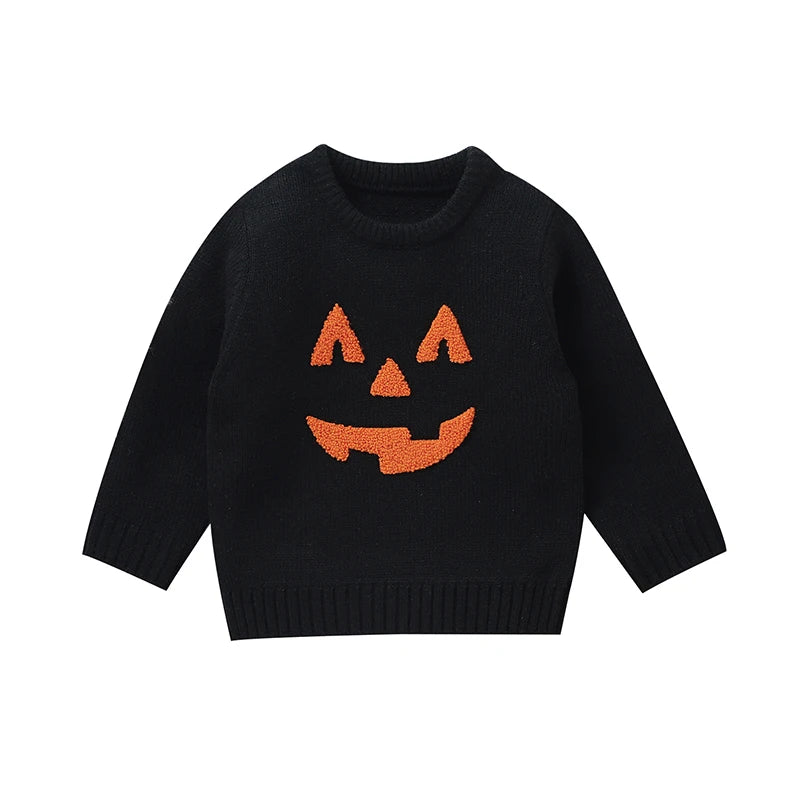 Lioraitiin Toddler Boys Girls Halloween Sweaters Witch Pumpkin Long Sleeve Round Neck Ribbed Knitted Pullover