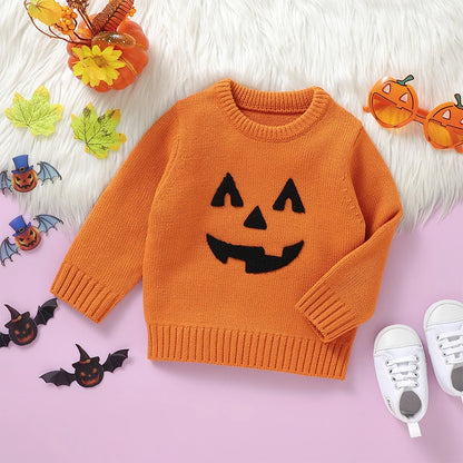 Lioraitiin Toddler Boys Girls Halloween Sweaters Witch Pumpkin Long Sleeve Round Neck Ribbed Knitted Pullover