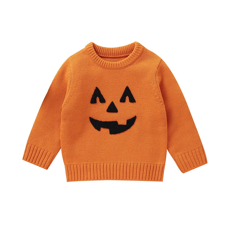 Lioraitiin Toddler Boys Girls Halloween Sweaters Witch Pumpkin Long Sleeve Round Neck Ribbed Knitted Pullover