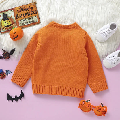 Lioraitiin Toddler Boys Girls Halloween Sweaters Witch Pumpkin Long Sleeve Round Neck Ribbed Knitted Pullover