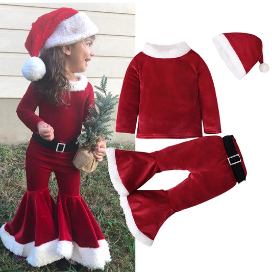 Christmas Kids Girls 2pcs Clothes Sets Solid Santa Claus Long Sleeve Sweatshirt Top+Flare Pants +Hat Xmas Party Costume