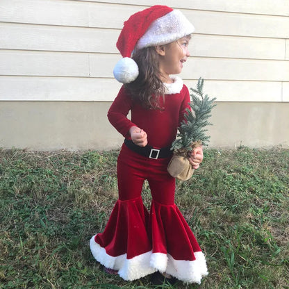 Christmas Kids Girls 2pcs Clothes Sets Solid Santa Claus Long Sleeve Sweatshirt Top+Flare Pants +Hat Xmas Party Costume