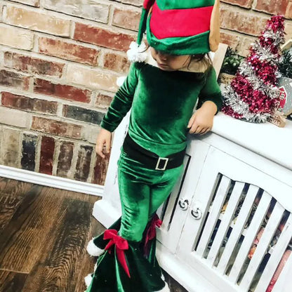 Christmas Kids Girls 2pcs Clothes Sets Solid Santa Claus Long Sleeve Sweatshirt Top+Flare Pants +Hat Xmas Party Costume