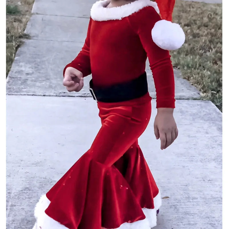 Christmas Kids Girls 2pcs Clothes Sets Solid Santa Claus Long Sleeve Sweatshirt Top+Flare Pants +Hat Xmas Party Costume