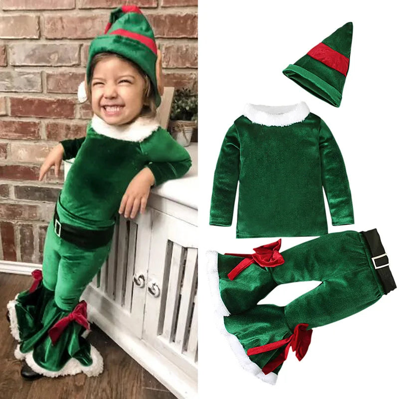 Christmas Kids Girls 2pcs Clothes Sets Solid Santa Claus Long Sleeve Sweatshirt Top+Flare Pants +Hat Xmas Party Costume